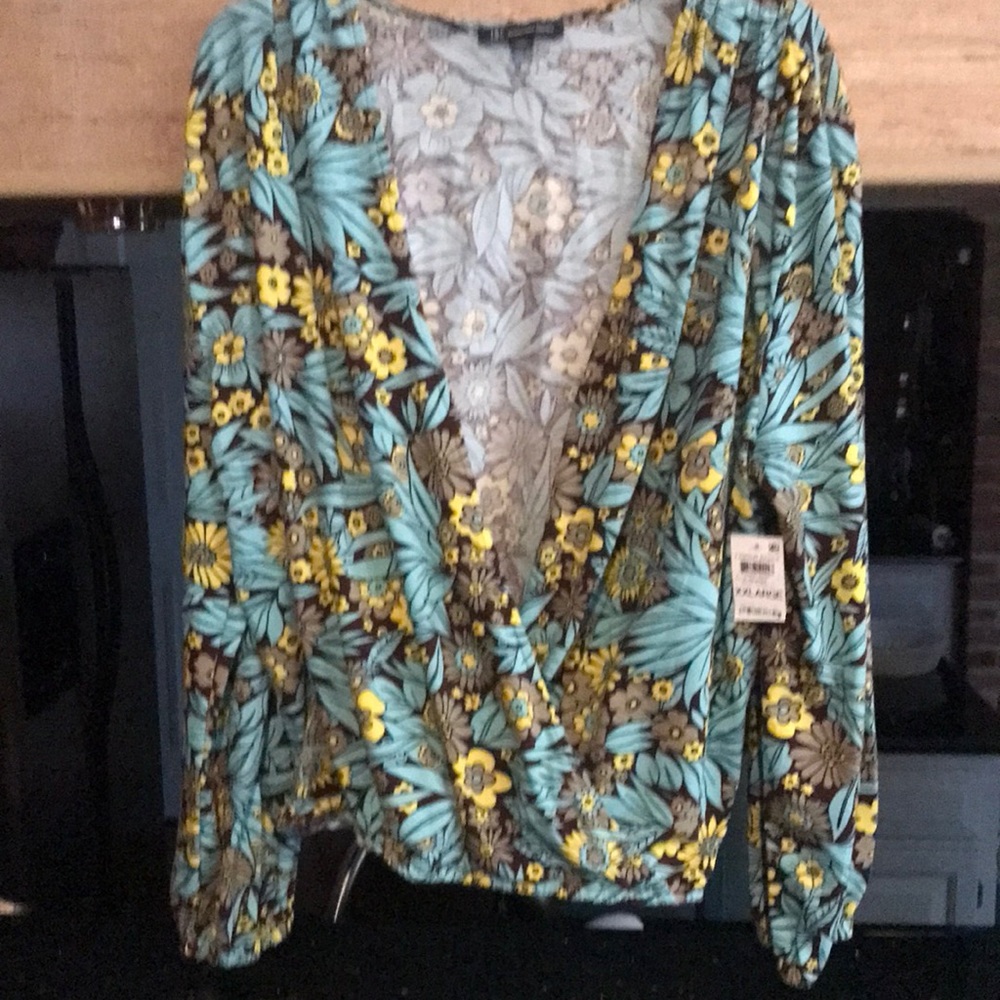 INC International Concepts blue leaves & yellow brown floral top NWT